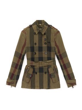 Burberry Brit Check Trench Coat Jacket double breasted Short Linen green belted